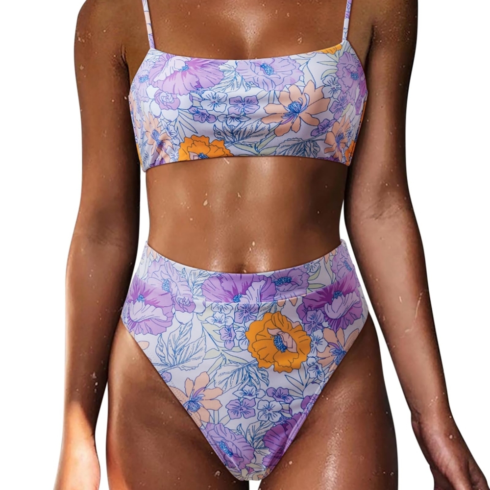 Women's two-piece bikini high waist swimsuit purple